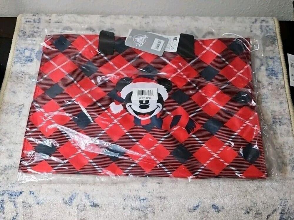 Disney Retro Mickey with Santa Hat and Scarf Christmas Plaid Tote Bag NEW